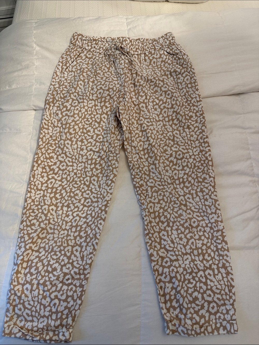 J. Crew Beige and White Animal Print Linen Blend Cropped Pant
